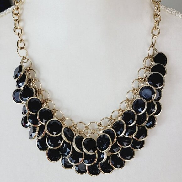 Faceted Black Acrylic Discs Statement Necklace Faux Glass Gold Tone 20" VGC - Picture 3 of 10